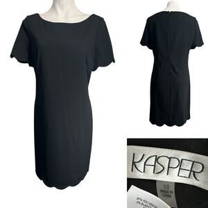Kasper dress sz 10 Black short sleeve Scalloped Edges knee length office church